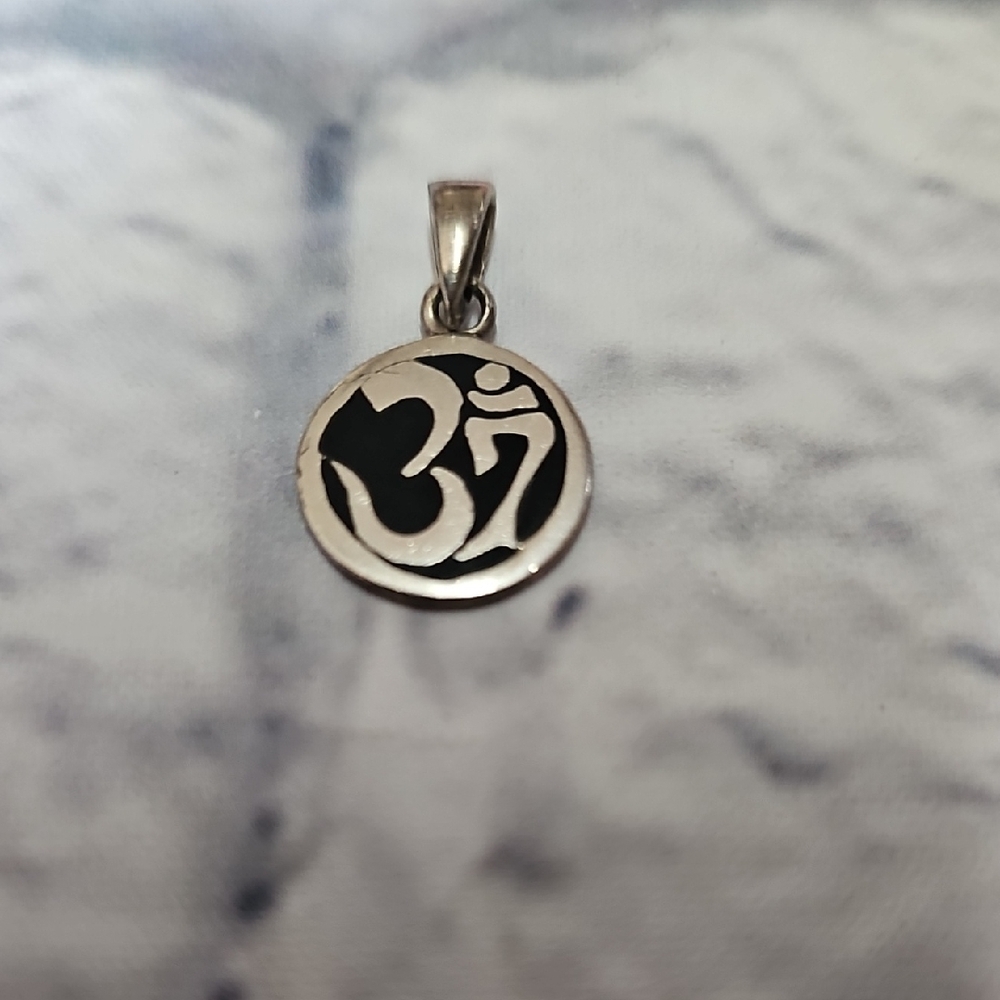 Sterling Silver 925 Small Om Pendant With Black Enamel